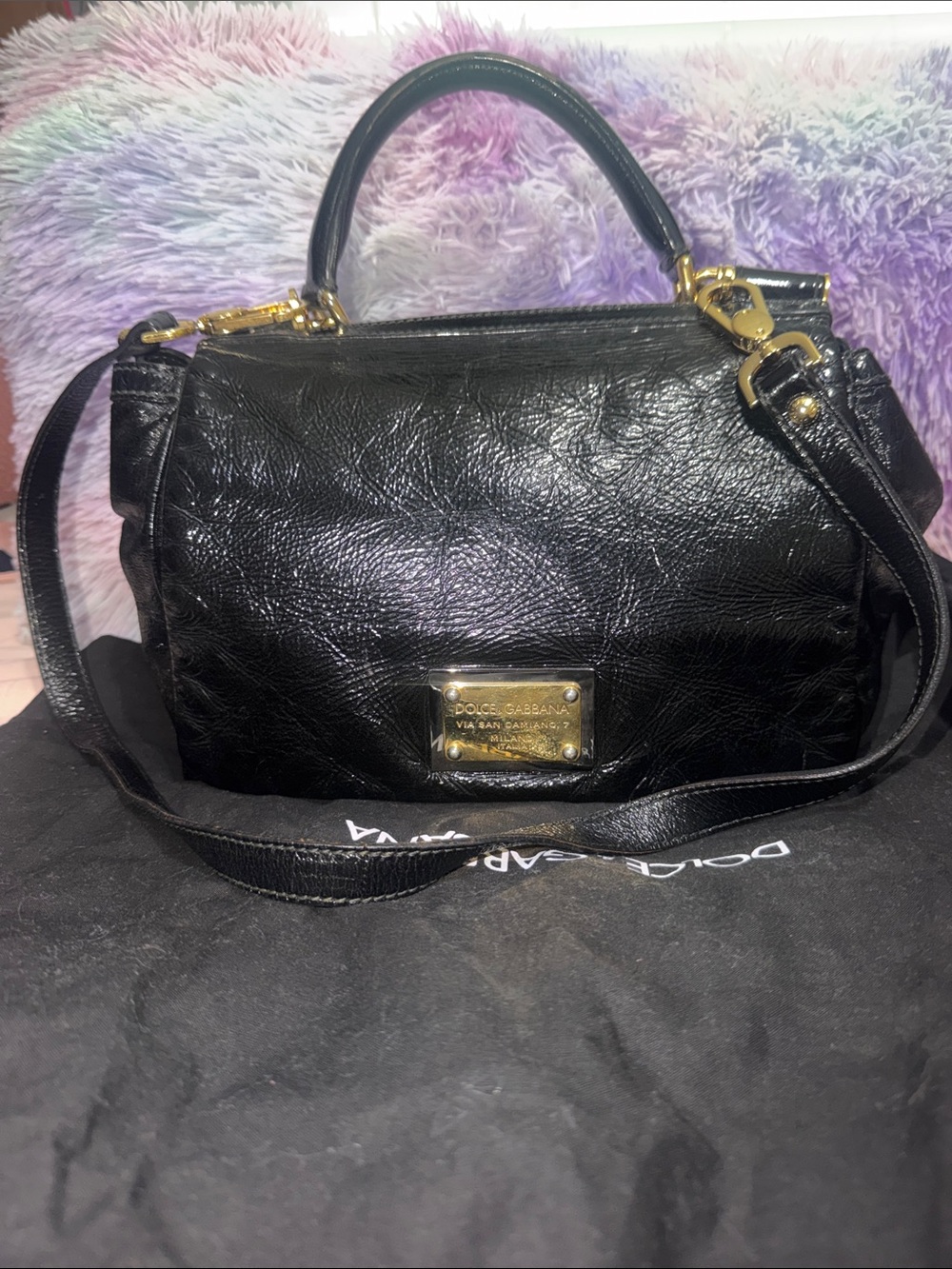 Dolce & Gabbana Black Leather Shoulder Bag with Gold Hardware